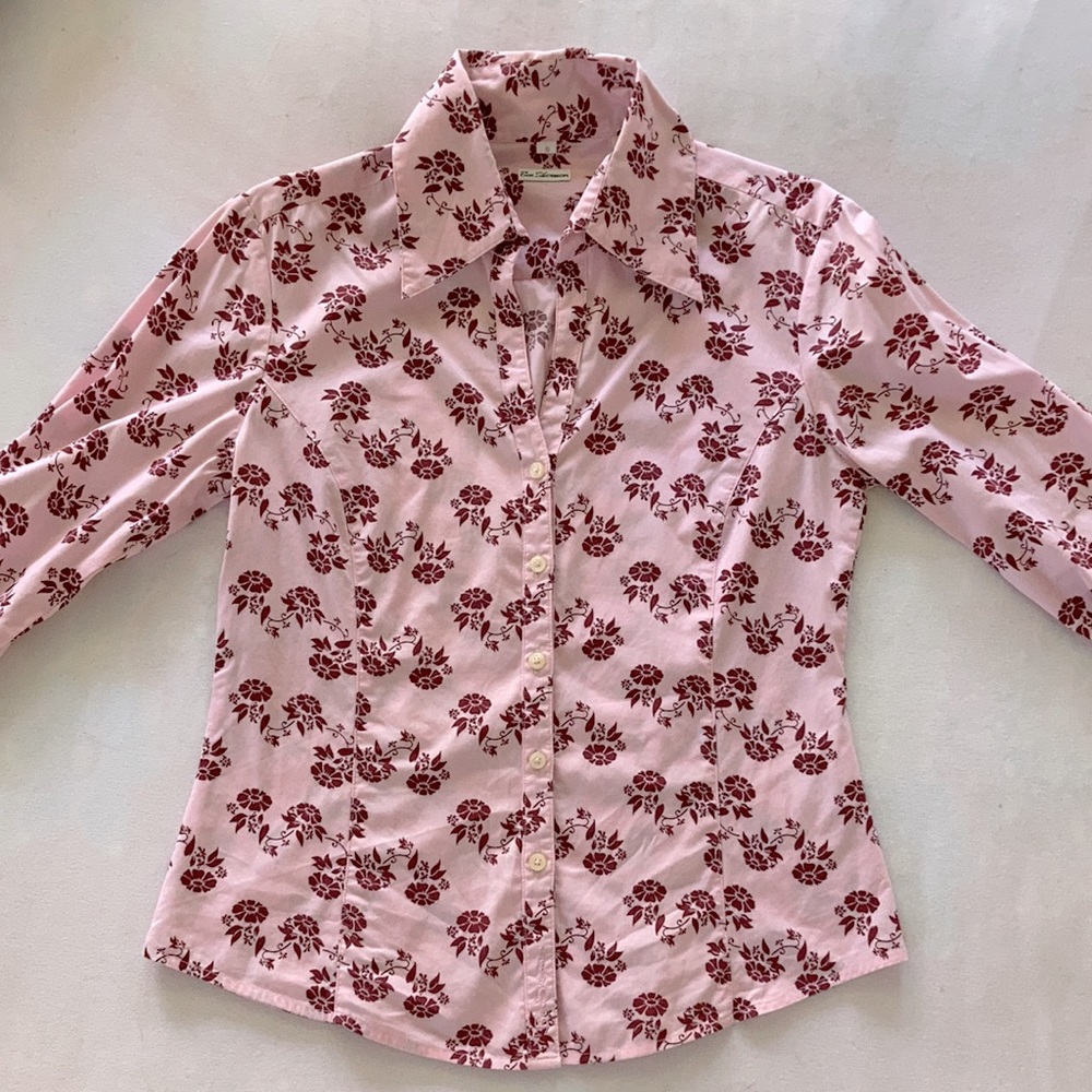 BEN SHERMAN floral Western shirt, stretch, dagger collar SIZE 8 pink burgundy - Picture 1 of 12